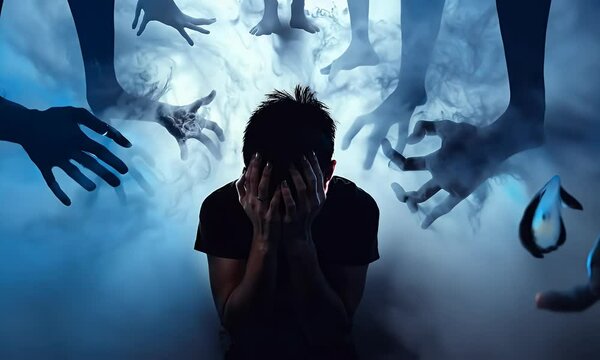 A person being consumed by a shadowy figure, representing the fear of panic attacks.
