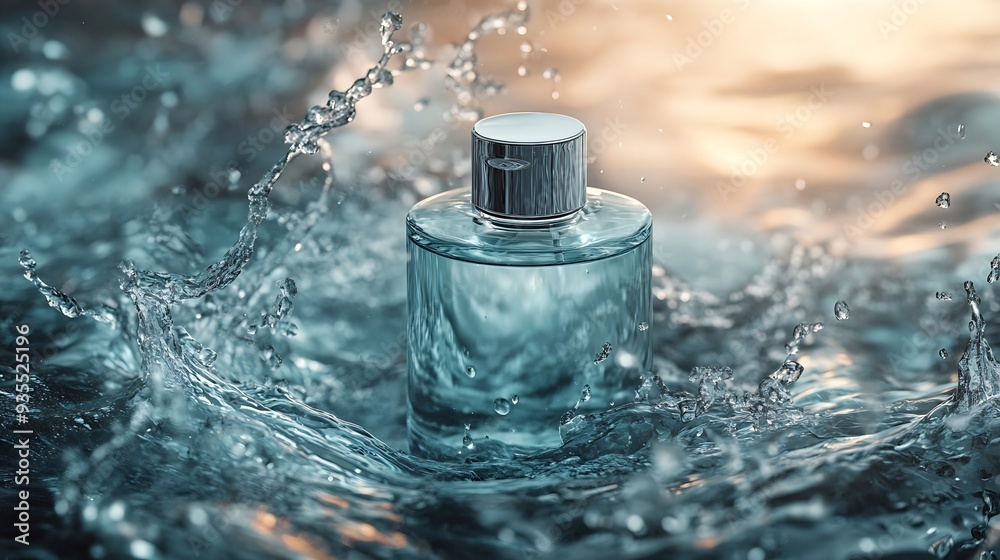 Aufkleber serum bottle in water with splashes and waves : generative ai
