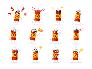 A playful collection of cartoon insect spray characters in various poses expressing different emotions and actions