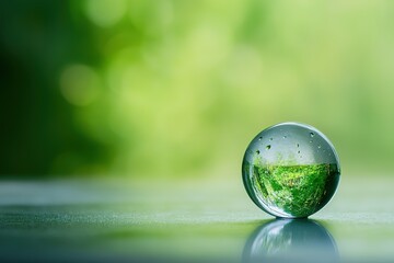 Crystal ball on surface reflecting green nature landscape