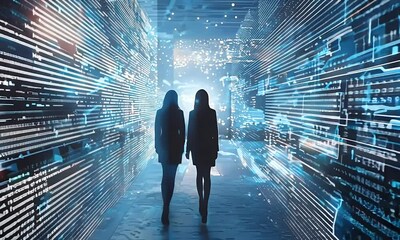 Businesspeople silhouettes against a backdrop of AI algorithms