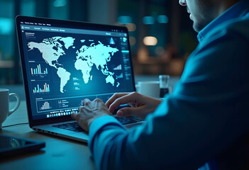 Fototapeta premium A businessman working on his computer the monitor shows a world map