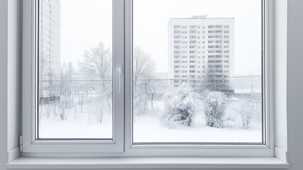 Snowy cityscape seen through modern window. Frost-covered trees and buildings create a serene urban winter scene