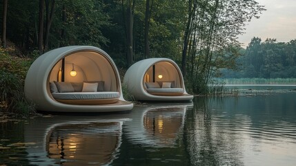 Tranquil Floating Meditation Pods Amidst Serene Lake Waters