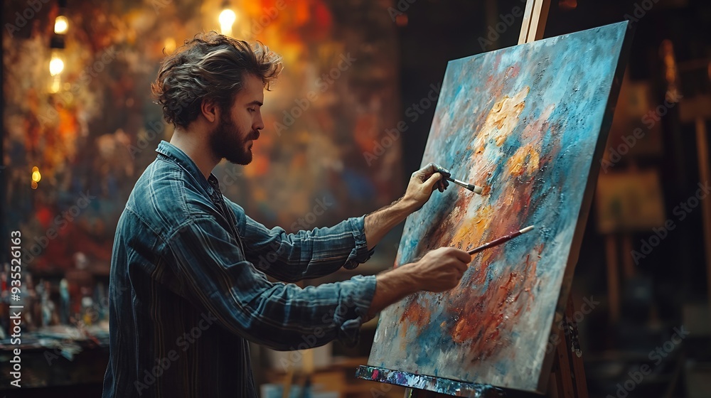 Poster Portrait of Artist Working on Abstract Painting Uses Paint Brush To Create Daringly Emotional Modern Picture Dark Creative Studio Large Canvas Stands on Easel Illuminated Side View Clo : Generative AI