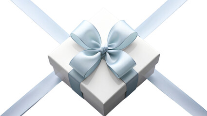 white gift box with blue ribbon top view full length isolate on transparency background