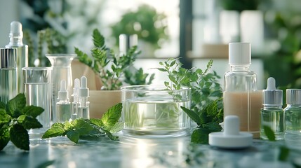 eco skin care beauty products in cosmetic laboratory development Natural drug research with organic plant and scientific extraction in glassware Alternative green herb medicine for bod : Generative AI