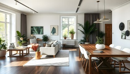 Luxury Livingroom house or apartment interior design, mock up room design, plants, and elegant personal accessories. Couch and table furniture with poster art and room accessories home