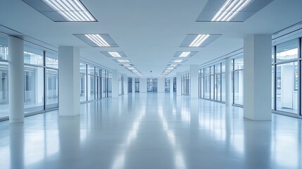 Obraz premium Interior of modern empty office buildingOpen white ceiling designCool tone : Generative AI
