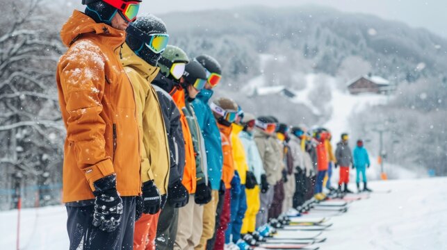 A diverse group of tourists stands side by side, geared up with colorful ski and snowboard attire on a snowy slope at a winter resort, ready to hit the slopes - Powered by Adobe