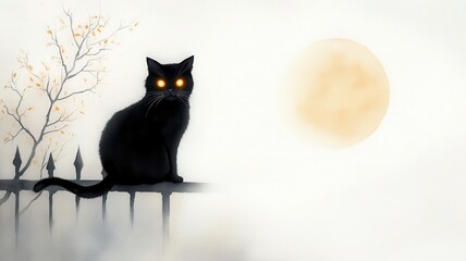 Black cat with eerie glowing eyes, perched on a fence under a full moon, rich watercolor textures, Halloween cat, watercolor