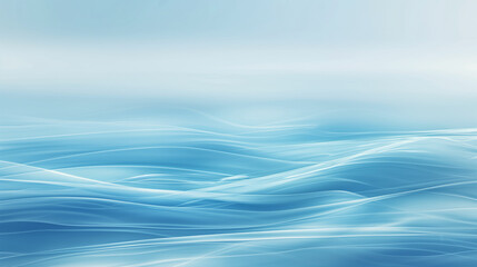 Abstract depiction of calm blue ocean waves with ethereal, flowing lines under a bright sky. The serene and tranquil atmosphere is enhanced by the soft gradients and minimalist composition
