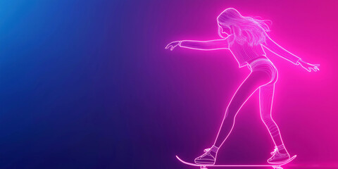 Neon Skateboarding Girl in Vibrant Pink and Blue Light - Futuristic Digital Art