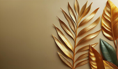 Złote liście na brązowym tle. Botaniczne tło z miejscem na tekst