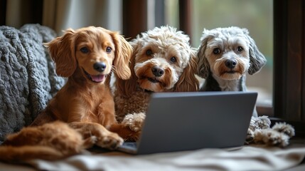 Back view of dog talking to dog friends in video conference Group of dogs having an online meeting in video call using a laptop Labradoodle and boxer dog chatting online Pets using a c : Generative AI