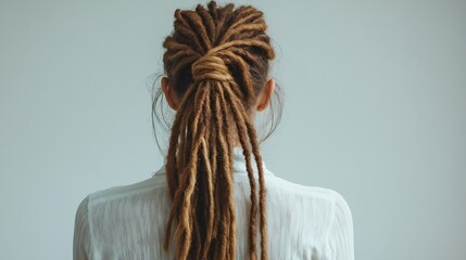 Young woman with dreadlocks on light background back view : Generative AI