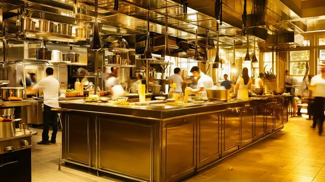 Busy chefs working on the restaurant kitchen , blurred background

