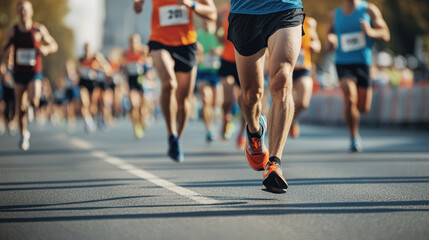 Group of runners participate in a marathon on a city street with their legs in motion and blurred figures in the background. The image captures the energy and focus of a competitive race.