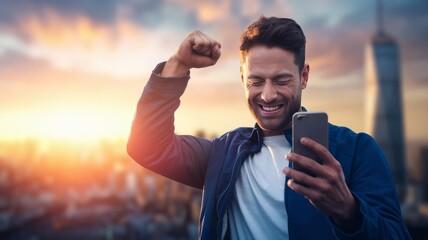 Naklejka premium a man in a blue jacket rejoices in victory looking at the phone holding a fist above his head against the backdrop of dawn in the metropolis. 