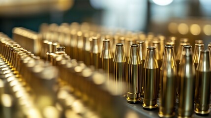Military Ammunition Production: Brass Bullet Shells of Various Sizes for Manufacturing and Storage, Depicting a Factory Line with Weapon Cartridges for Military Weaponry.