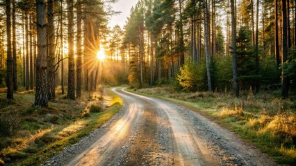 A serene dirt road winding through a forest, illuminated by the warm hues of a sunset in the background