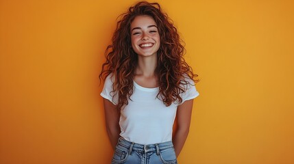 Obraz premium Laughing young woman with curly hair standing with her hands in her jeans pockets against an orange background : Generative AI