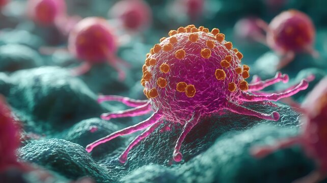 A detailed visualization of a tumor growing among healthy cells, symbolizing the progression of cancer, tumor growth, cellular invasion