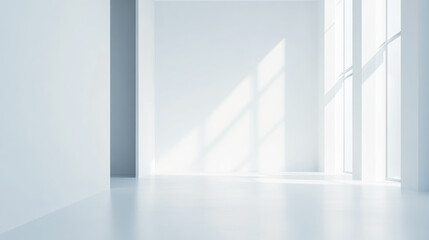 Fototapeta premium Bright empty white room with large windows casting soft sunlight onto the clean floor. The minimalist interior design highlights open space and simplicity.