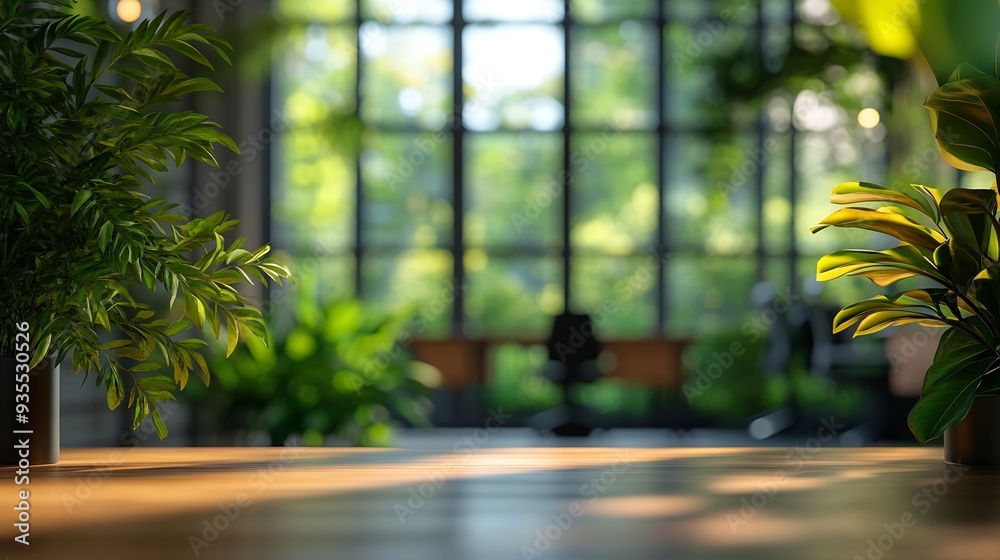 Aufkleber blurred interior modern office working space with green scenery : generative ai
