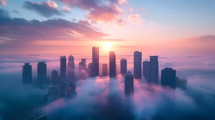 Fototapeta premium Emerging City Skyline Glowing in Morning Fog Embracing the Energy of New Beginnings