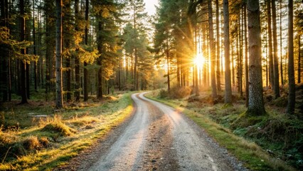 A serene dirt road winding through a forest, illuminated by the warm hues of a sunset in the background