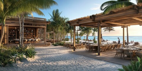 Beachside restaurant with palm trees and ocean view.