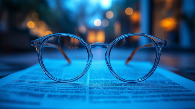  Close-up of reading glasses placed on a book with a blurred background, symbolizing knowledge, focus, and the importance of clear vision, perfect for educational and healthcare themes