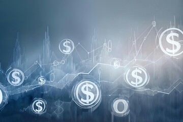 Obraz premium Contemporary finance-themed background featuring dollar signs, graphs, and currency symbols on a gradient blue and gray backdrop, perfect for corporate settings
