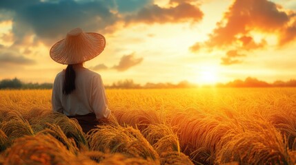 Fototapeta premium A person gazing at a sunset over a golden rice field.