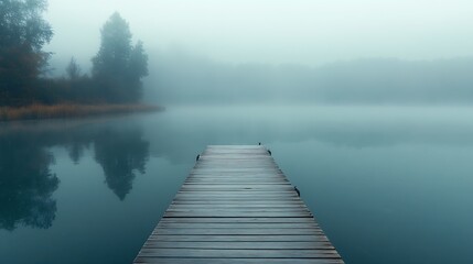 Jetty at the lake in the fog Misty landscape in the morning Idyllic nature by the water Rest and relaxation : Generative AI
