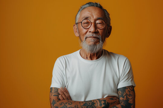 Confident elderly man with tattoos and glasses against orange background