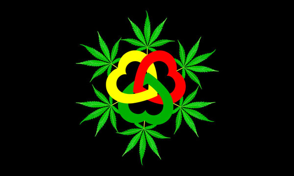 Herbal medicine herb plant. Green cannabis leaf. Vector illustration of marijuana on a green, yellow, red background.