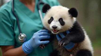 Veterinary Care for Baby Panda: Close-up of Hands Examining Cute Cub, Wildlife Conservation and Endangered Species Protection Efforts