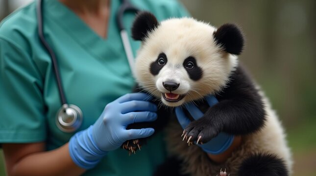 Veterinary Care for Baby Panda: Close-up of Hands Examining Cute Cub, Wildlife Conservation and Endangered Species Protection Efforts