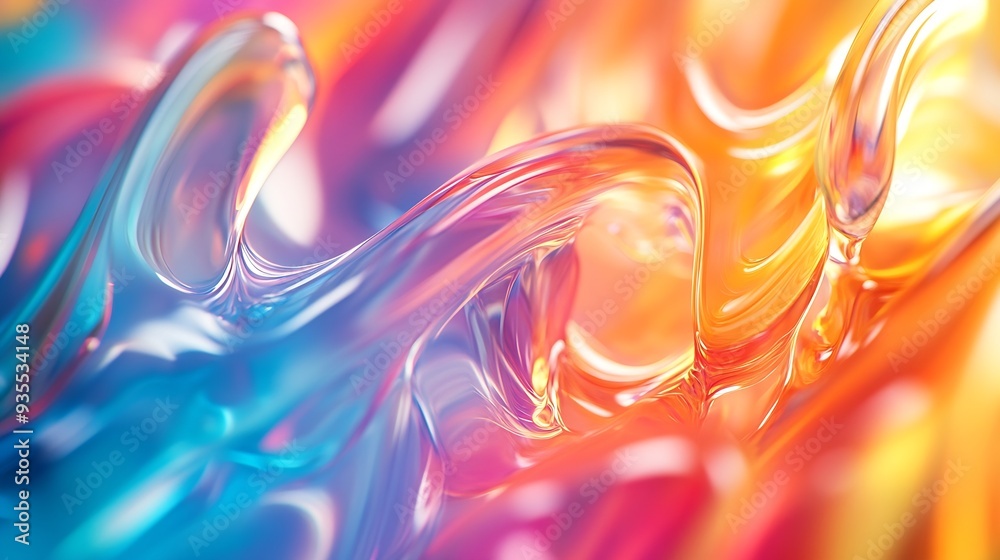 Poster A complex interplay of rainbow colors creates a liquidlike abstraction on a 3d glass surface with warped and stretched light : Generative AI