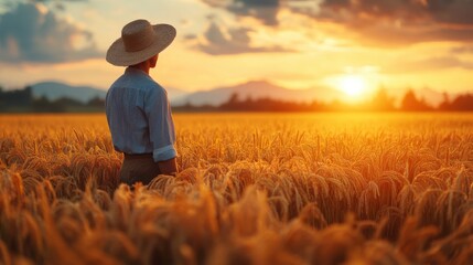 Fototapeta premium A person in a straw hat gazes at a sunset over a wheat field.