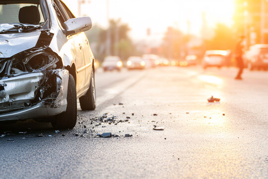 A close-up of a wrecked car on the street with traffic moving behind it during a warm sunset creating a tense atmosphere