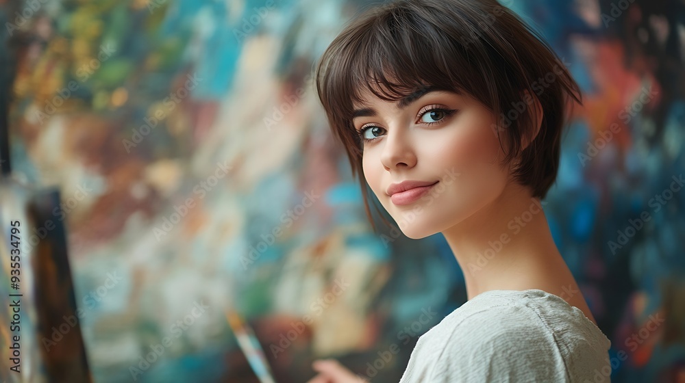 Poster A very pretty woman with a short haircut is working hard trying to think of something to paint and add on the canvas in front of her : Generative AI