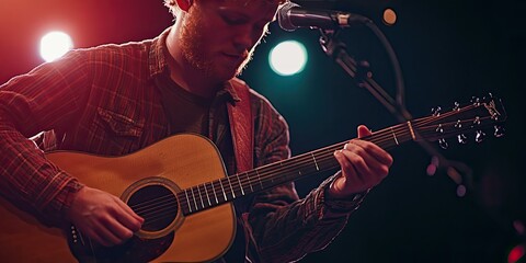 Obraz premium Man playing acoustic guitar on stage.