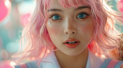 Obraz premium Full-length portrait of a young Japanese model in a pink wig and vibrant school uniform, having a great time at a bachelorette party in a nightclub with friends