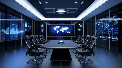 Naklejka premium High-tech boardroom with digital displays and holographic interfaces, sleek glass walls and ambient lighting, copy space for text,