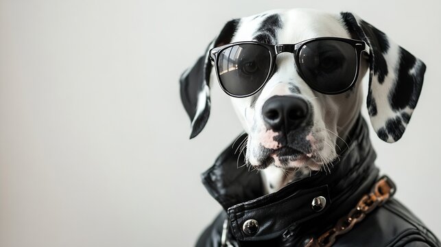 Dalmatian dog dressed up in black jacket with dark sunglasses isolated on white background Rocker dog ool biker dog Copy space : Generative AI