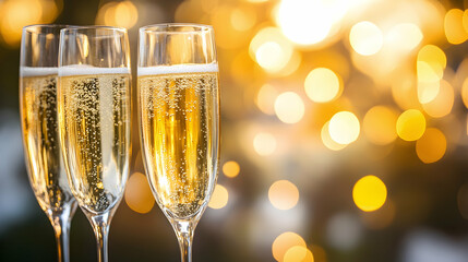 In a festive atmosphere, four champagne glasses clink in celebration, bathed in warm golden sunlight and twinkling bokeh lights.
