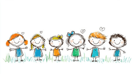 A playful, colorful doodle illustration of six happy children standing in a row, holding hands with joyful expressions on their faces.